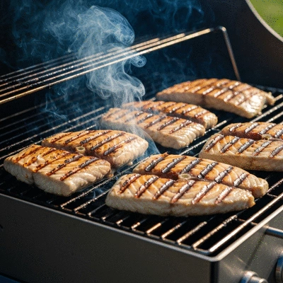 Close-up of mahi-mahi fillets with grill marks on a backyard barbecue grill