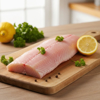 Glistening fresh mahi-mahi fillet on a wooden cutting board with lemon slices and herbs