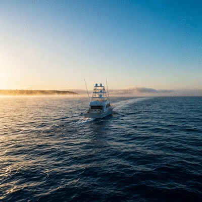 Professional fishing boat on the open ocean at sunrise
