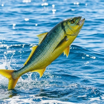 Vibrant Dorado fish leaping out of blue ocean water