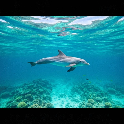 Dolphin swimming in a clear turquoise marine protected area