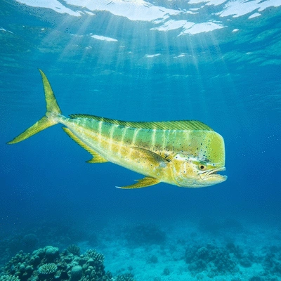 Mahi-mahi fish swimming in clear blue tropical ocean water