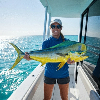 Professional angler holding a vibrant mahi-mahi on a boat in the Great Barrier Reef
