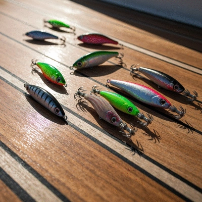 Selection of colorful artificial lures for offshore fishing
