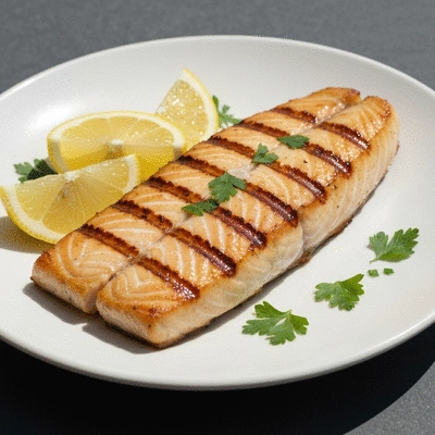 Fresh grilled mahi-mahi fillet with lemon and herbs on a white plate