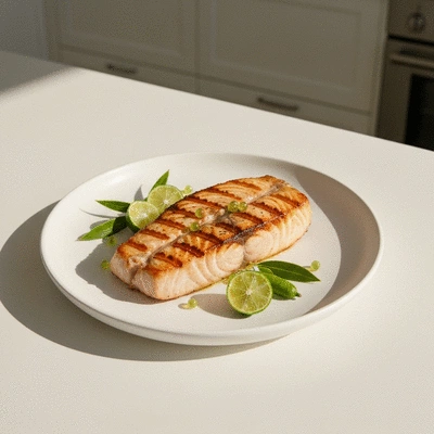 Freshly grilled mahi-mahi fillet on a plate with Australian native herbs