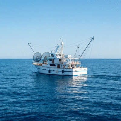 Professional fishing boat with sustainable gear in calm blue ocean