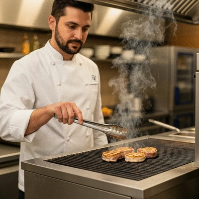 Professional chef grilling a seafood steak in a modern kitchen