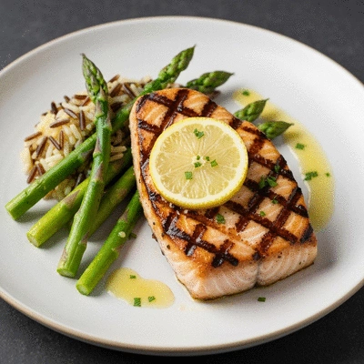 Beautifully grilled mahi-mahi steak served on a white plate with asparagus and wild rice