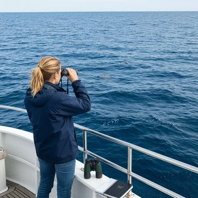 Marine biologist on a boat observing dolphins in the wild with a clipboard