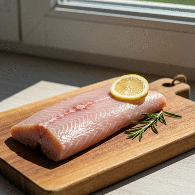 Fresh mahi-mahi fillet on a wooden board with lemon and herbs