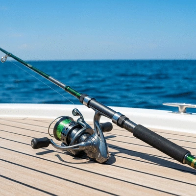 Professional fishing rod and reel setup on a boat deck