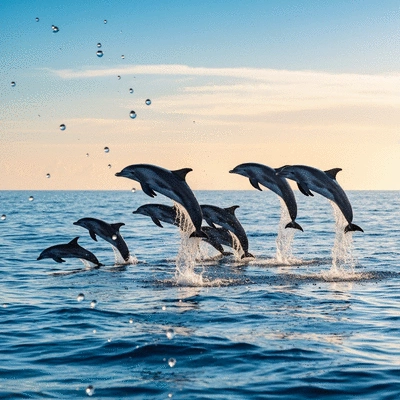 A pod of dolphins jumping gracefully out of the ocean water