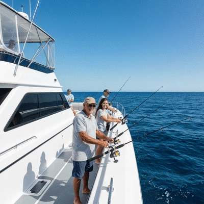 A modern fishing boat equipped with rods sailing on blue coastal waters