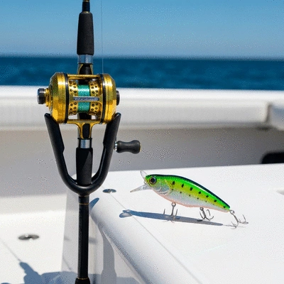 Professional offshore fishing rod and reel setup with a colorful lure on a boat deck