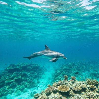 Dolphin swimming in clear blue tropical ocean water near a coral reef